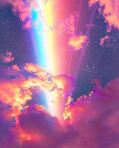 the sky is filled with colorful clouds and bright beams in the middle of it,