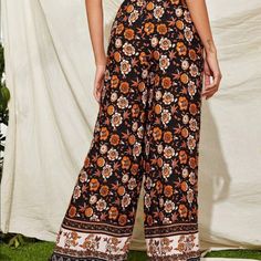 Wide Boho Pants Bohemian Black Pants, Chic Black Floral Print Pants, Black Floral Print Wide Leg Pants, Black Floral Print High-waisted Pants, Casual Black Floral Print Pants, Black Bohemian Wide Leg Pants, Bohemian Style Black Straight Pants, Black Bohemian Ankle-length Pants, Bohemian Black High Waist Bottoms