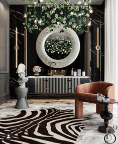 an elegant bathroom with zebra rug and chandelier above the sink, toilet and mirror