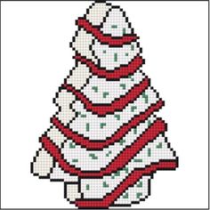 a cross stitch christmas tree with white and red decorations