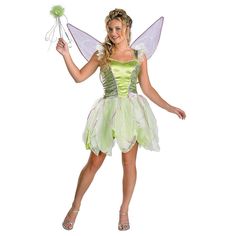 a woman dressed as tinkerbell holding a flower in one hand and a wand in the other