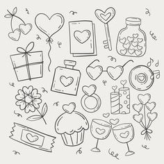 hand drawn valentine's day doodles with hearts, flowers and gifts on white background