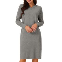 Seta T Women's Hoodie Dress Casual Pullover Sweater Long Sleeve Sweatshirts Midi Dress with Pocket is a versatile piece perfect for various occasions. The fashion style includes long sleeves, pullover design, and convenient pockets, making it a must-have in women's wardrobes. The slim fit hoodie dress features a round neck and offers a classic yet trendy look. Made from a blend of 42% Viscose, 34% Nylon, and 24% Polyester, it provides a comfortable and stretchy fit. Ideal for spring, fall, and w Long Sleeve Solid Sweater Dress For Fall, Long Sleeve Sweater Dress In Solid Color For Fall, Gray Long Sleeve Sweater Dress For Fall, Long Sleeve Sweater Dress For Fall, Solid Long Sleeve Sweater Dress For Loungewear, Hooded Sweater Dress For Fall, Casual Long Sleeve Solid Sweater Dress, Casual Long Sleeve Sweater Dress, Winter Long Sleeve Sweater Dress For Loungewear