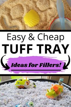 Pin text reads, easy and cheap tuff tray ideas for fillers! Images of edible sand and shredded paper tuff tray ideas. Childminder Ideas, Easy Sensory Bins, Sensory Bins For Preschool, Toddler Messy Play, Easy Sensory Activities, Weetabix Cereal, Sensory Bin Fillers