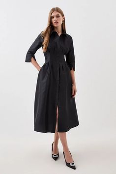 Petite Lydia Millen Tailored Taffeta Darted Waist Midi Dress | Karen Millen Elegant Fall Midi Dress With Pleated Waist, Timeless Fitted Dress For Spring, Classic Belted Midi Dress, Classic Midi Length Dress, Elegant Midi Dress For Daywear, Classic Midi Length Workwear Dresses, Timeless Fitted Daywear Dresses, Timeless Fitted Dress For Daywear, Classic Formal Spring Maxi Dress