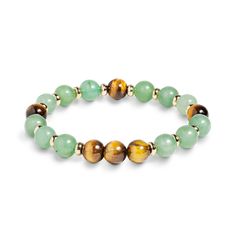 Handcrafted on a tension tested stretch cord with authentic Green Aventurine and Tiger's Eye gemstones. Green Tiger Eye Bracelet, Green Aventurine Jewelry, Aventurine Jewelry, Stone Bead Jewelry, Stretchy Beaded Bracelet, Healing Gemstone Bracelets, Slap Bracelets, Beaded Necklace Diy, Diy Bracelet Designs