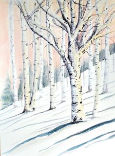 a watercolor painting of trees in the snow