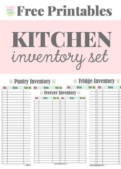 kitchen inventory set with free printables on the top and bottom, in pink