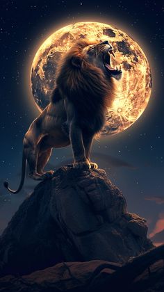 a lion standing on top of a rock with its mouth open and the moon in the background