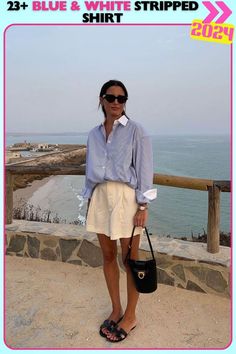 Coastal chic outfit with a blue and white striped shirt and white high-waist shorts. Perfect for a beachside stroll or casual city day, offering a relaxed, effortless look with a touch of elegance. Summer Fits Aesthetic, Italian Summer Outfits, European Summer Outfits, Fits Aesthetic, Casual School Outfits