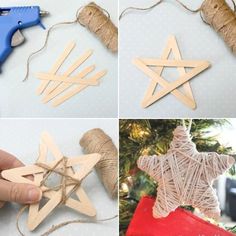 four different pictures of christmas decorations made from popsicle sticks and twine, including a star ornament