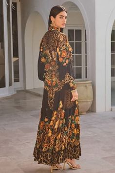 Black chiffon tiered A-line maxi dress with gold enchanted print and crystals hand embellishments. - Aza Fashions Button Down Maxi Dress, High Neck Maxi Dress, A Line Maxi Dress, Maxi Dress For Women, Designer Drapes, Dresses Xxl, Fashion Event, Kaftan Dress, Womens Maxi Dresses