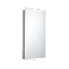 a white bathroom medicine cabinet with mirror on the front and bottom panel, shown from the side