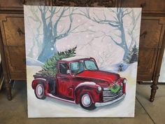 a painting of an old red truck with a christmas tree on the back in front of it