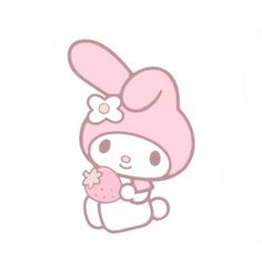 a hello kitty holding a donut in her hand with a flower on it's head