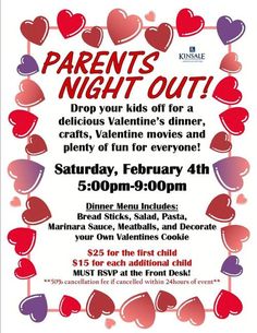 a flyer for the valentine's night out event with hearts hanging from strings on it