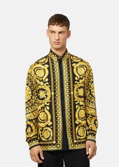 Versace Baracco Silk Shirt for Men | US Online Store Luxury Formal Shirt With Baroque Print, Menswear Versace Silk Shirts On Sale, Luxury Men's Baroque Print Shirt, Versace Shirts, Versace T Shirt, Outfit Wedding Guest, Versace Men, Button Shirt, Streetwear Fashion Women