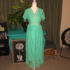 This Beautiful Dress Is Ready To Be Shown Off For Summer! Perfect For Festivals, Concerts, Baby And Bridal Showers Or Be The Backyard Bbq Queen. Nwt No Flaws Please See All Photographs. Dress Is A Sea Foam/Mint Like Green Color. Green Lace Maxi Dress With Lace Trim, Green Maxi Dress With Lace Trim For Spring, Green Lace Trim Maxi Dress For Summer, Green Lace Vacation Dress, Green Lace Dress For Vacation, Like Green, Backyard Bbq, Lace Maxi, Lace Maxi Dress