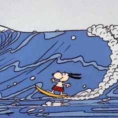 a cartoon character riding a surfboard in the ocean