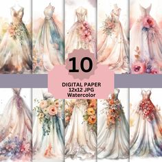 10 digital paper wedding gowns with flowers