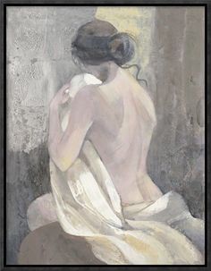 a painting of a woman sitting in front of a window with her back to the camera