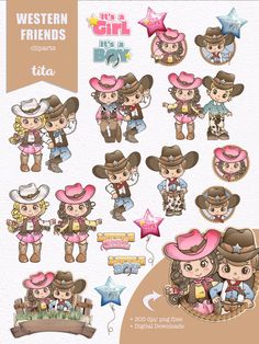 the western friends clipart set is shown in various styles and colors, including cowboy hats