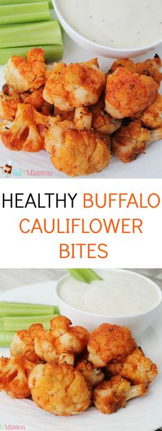 healthy buffalo cauliflower bites on a plate with celery and ranch dressing