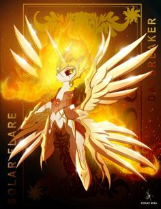 an anime character with yellow wings and flames in the background, on a dark background