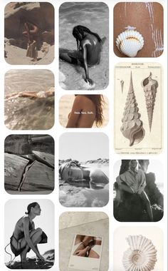 a collage of different pictures with women in the water and seashells on them