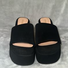 Black Platform Suede Sandals -Brand New. Never Been Worn. Size 5.5. 3.5 Inch Heel Black Slip-on Platform Slippers For Party, Black Open Heel Platform Slippers For Summer, Black Open Heel Platform Slippers For Spring, Black Open-heel Platform Slippers For Summer, Spring Black Open Heel Platform Slippers, Black Platform Slip-on Slippers With Padded Heel, Black Open Toe Platform Slippers With Padded Heel, Trendy Black Platform Slippers With Open Heel, Trendy Black Open Heel Platform Slippers