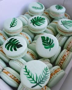 there are many macaroons with green leaves painted on them in a white box