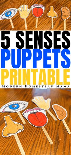 five different pictures with the words 5 sensees puppets printable on them and in front of