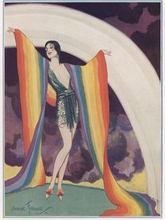 an art deco poster featuring a woman holding a rainbow scarf