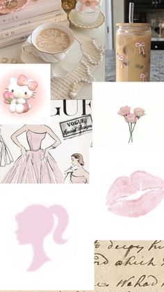 a collage of photos with pink and white items on it, including lipstick, dress, purse, coffee cup, flowers, etc