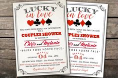 two wedding cards with the words lucky in love and spades on them, sitting next to each other