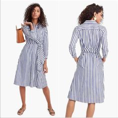 J. Crew Cotton Poplin Tie-Waist Shirt Dress Blue White Stripe Size 2 Nwt H7791 Pit To Pit 17” Waist 12” Length 41” Long Sleeve Collared Dress, Poplin Shirt Dress, Tie Waist Shirt, Blue Striped Shirt, Stripped Dress, Cotton Shirt Dress, Striped Shirt Dress, Panel Dress, Belted Shirt Dress