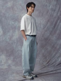 It is one of the brand’s signature item. The pant is made of durable and high quality denim pant. The pleats on the front and stylish wide fit design makes comfy fit and basic item that goes with various styling. The pant is wearable in any season.- Pleats on the front- Wide fit- Side pockets- Back pockets Light Blue Pant Outfits, Modern Blue Bottoms For Everyday, Relaxed Fit Denim Blue Pants With Standard Cut Leg, Relaxed Fit Wide-leg Jeans With Welt Pockets, Casual Wide-leg Jeans With Welt Pockets, Modern Denim Blue Cotton Pants, Classic Wide-leg Cotton Jeans, Light Blue Wide Leg Pants, Blue Wide Leg Pants Outfit