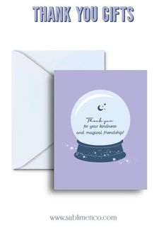 a snow globe with the words thank you gifts on it and an envelope in front