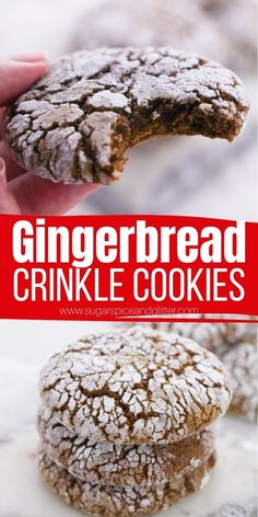 a close up of a person holding a gingerbread crinkle cookies