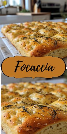 two pictures of bread with the words focaccia above them and below it