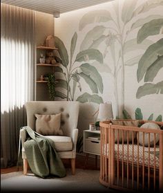 a baby's room with a chair, crib and wallpaper