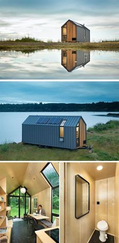 the inside and outside of a tiny house with windows on each side, in front of water