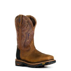 R. Watson Men’s Tan and Bay Brown Waterproof Wide Square Toe Cowboy Work Boot is crafted with durability and comfort in mind. The tan cowhide foot and bay brown cowhide upper create a rugged, timeless look, complemented by intricate 10-row stitching. With a 12-inch height, these boots offer the classic cowboy silhouette, enhanced by a soft wide square toe for a comfortable fit. The removable orthotic insole and EVA midsole provide all-day support, making them ideal for long hours on the job. Designed with a Vibram outsole and Goodyear Storm Welt construction, these boots are built to withstand tough conditions. They offer exceptional traction and durability, being EH, slip, and oil resistant. The Tec Tuff heel counter and block heel further reinforce the boot's strength, while the waterpro Cowboy Silhouette, Buckaroo Boots, Alligator Boots, Cowboy Boots Square Toe, Western Work, Classic Cowboy, Ostrich Boots, Roper Boots, Boot Pulls