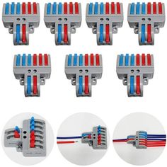 six different types of plastic clips with red, white and blue wires