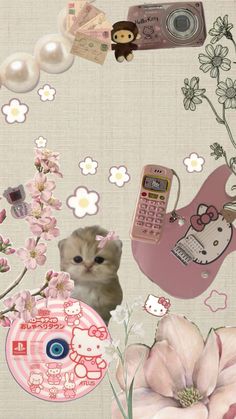 an image of a cat surrounded by flowers and other things in the air with a cell phone