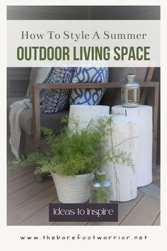 white painted stumps, fern in a white planter, deck furniture, blue cushions, metal lanterns Painted Patio Doors, Hygge Activities, Hygge Summer, Hygge Living, Old Crates, Hygge Style, Painted Patio, Backyard Fireplace, Backyard Bar