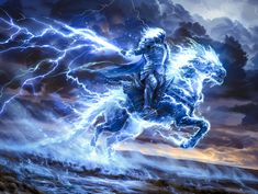 a man riding on the back of a horse in front of a lightning filled sky