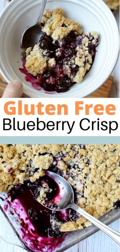 blueberry crisp in a glass dish with a spoon on the side and an orange text overlay reading gluten free blueberry crisp