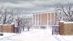 a painting of a snowy scene with a gate and building