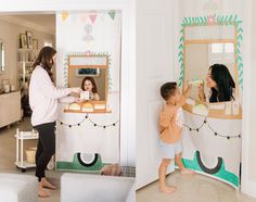 a woman and two children playing in a play house